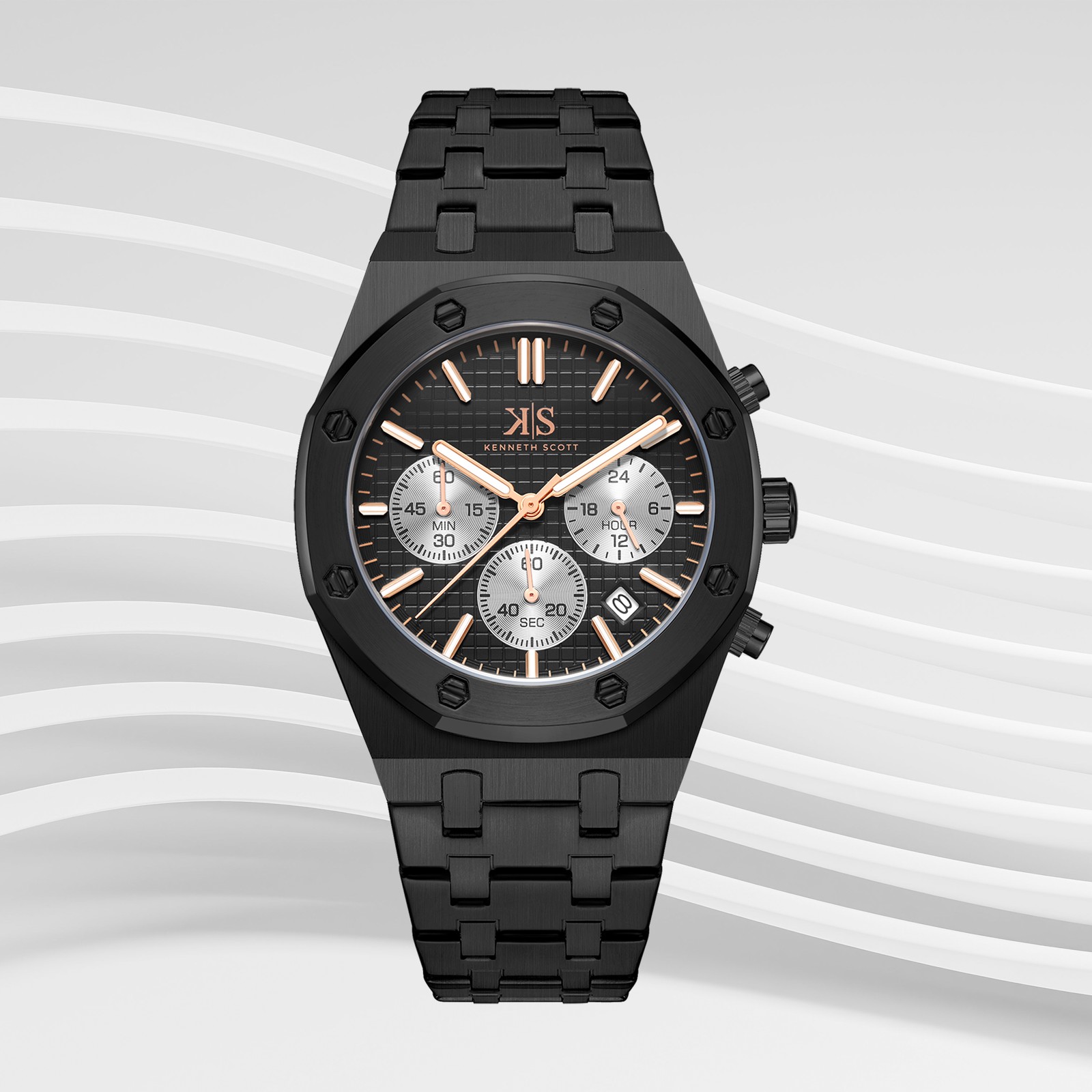 Kenneth Scott Men’s Multi Function Watch | Black Dial, 42mm, 30 m (3 ATM)