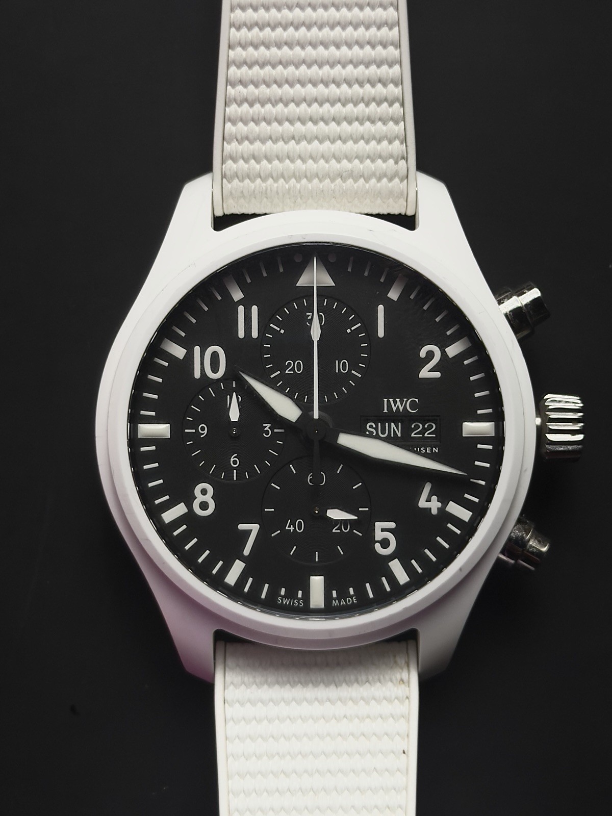 IWC Pilot Top Gun Chronograph “Lake Tahoe” White Ceramic 44MM Box Papers