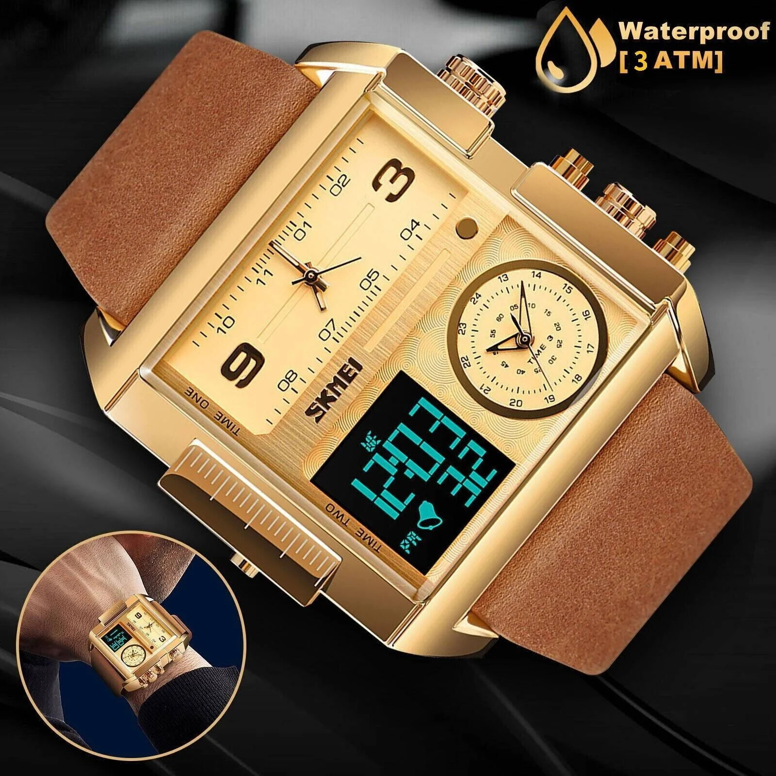 Men’s Triple Sub-Dial Quartz Watch Genuine Leather 3 Timezone Stopwatch Gold