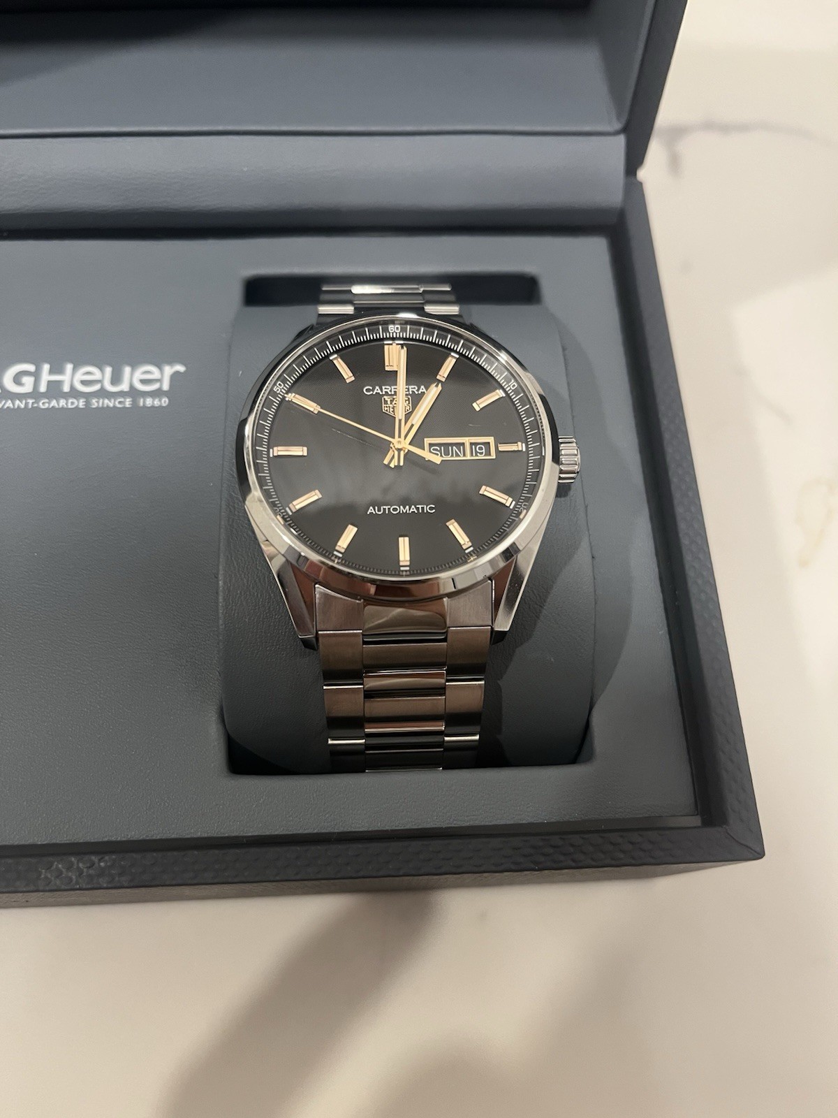 TAG Heuer Carrera 41mm Automatic Day-Date Black Dial Steel Bracelet Box