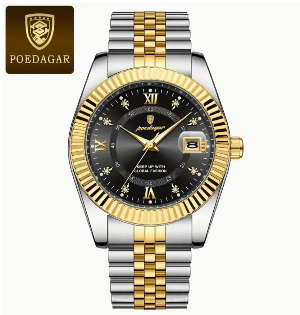 POEDAGAR Mens Quartz Watches 3 ATM Waterproof Luminous Gold Black Wrist Watch SS