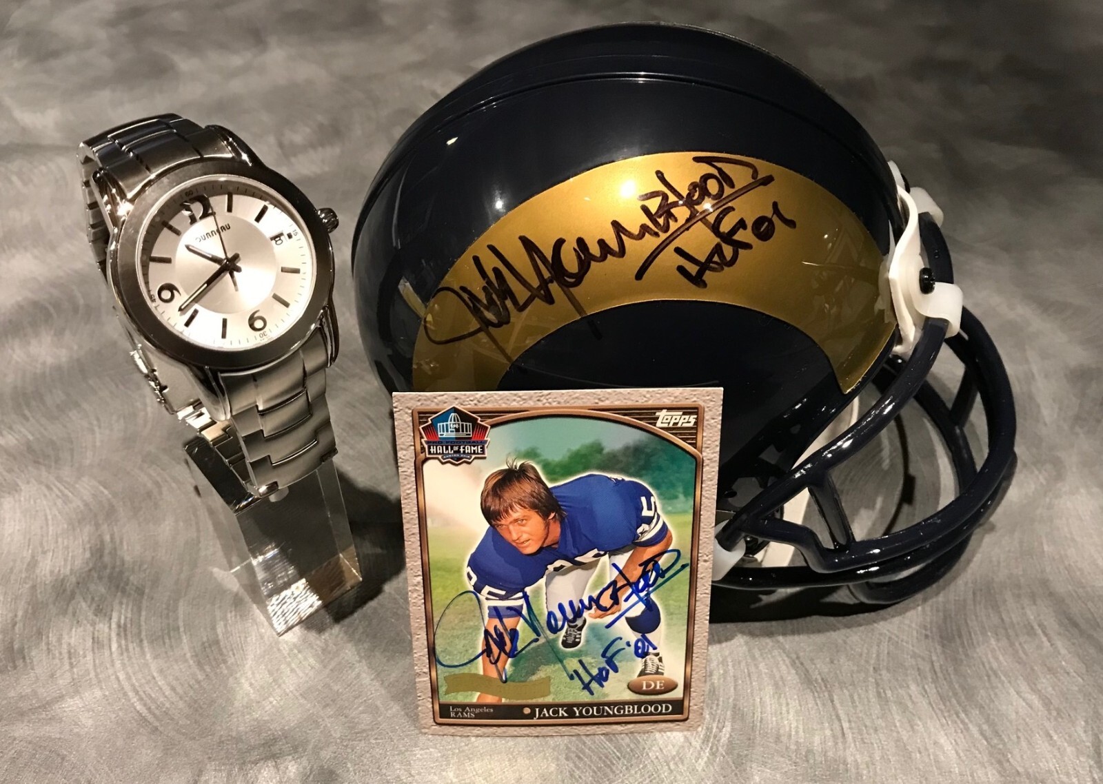 Jack Youngblood Tourneau Watch, Signed Hall of Fame Card, and Signed Helmet
