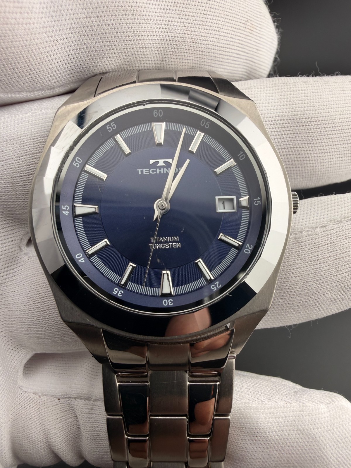 Technos T9577, Titanium & Tungsten, Blue Sunburst Dial Men’s Dress Watch, Date