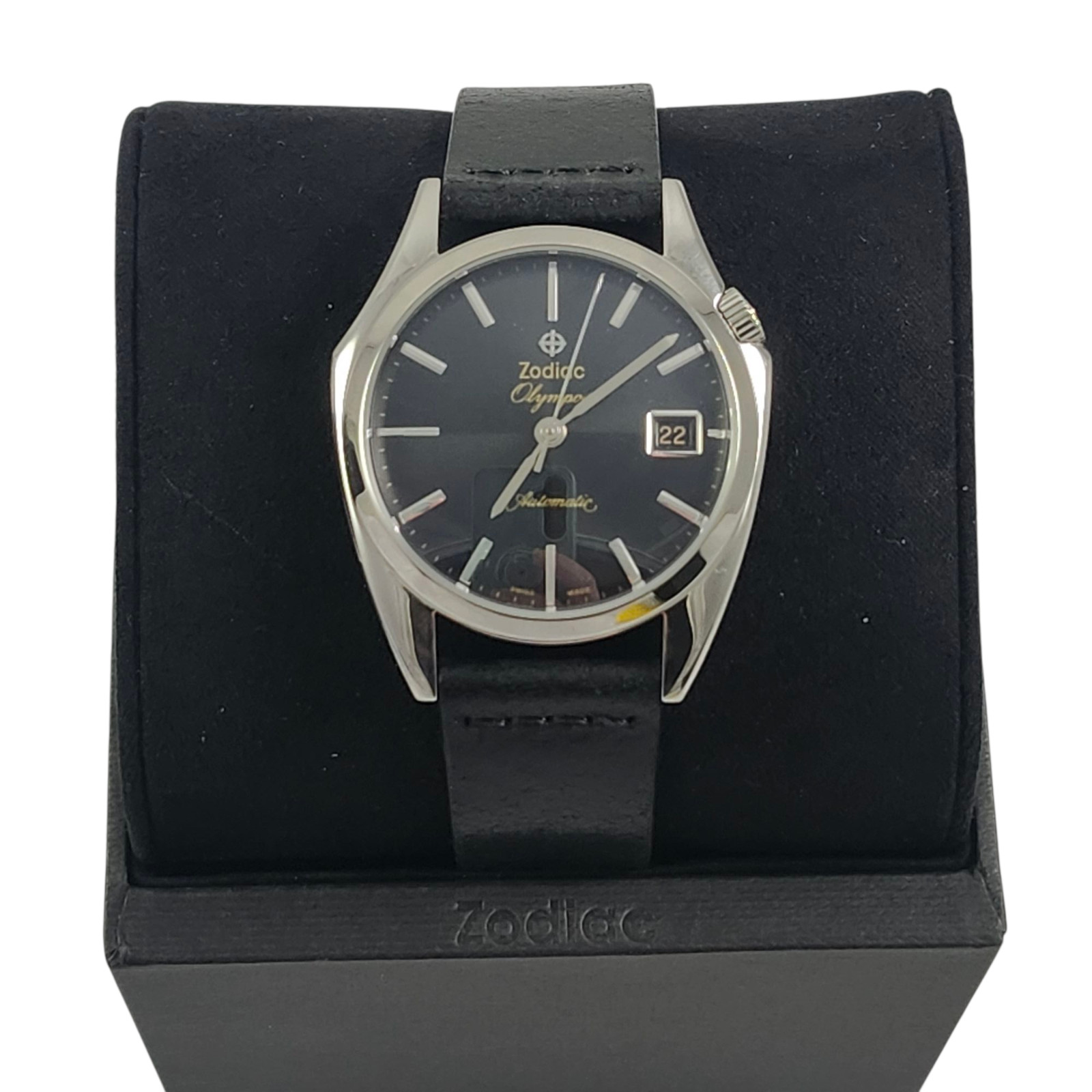 NEW Zodiac Olympos Automatic Black & Silver Leather Mens Watch ZO9700 NWT Box