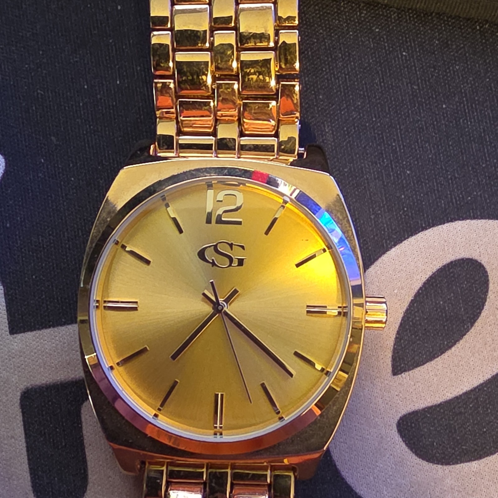 CS Quartz Gold Tone Sunburst Dial Cushion Case Bracelet Watch Stick/Arabic
