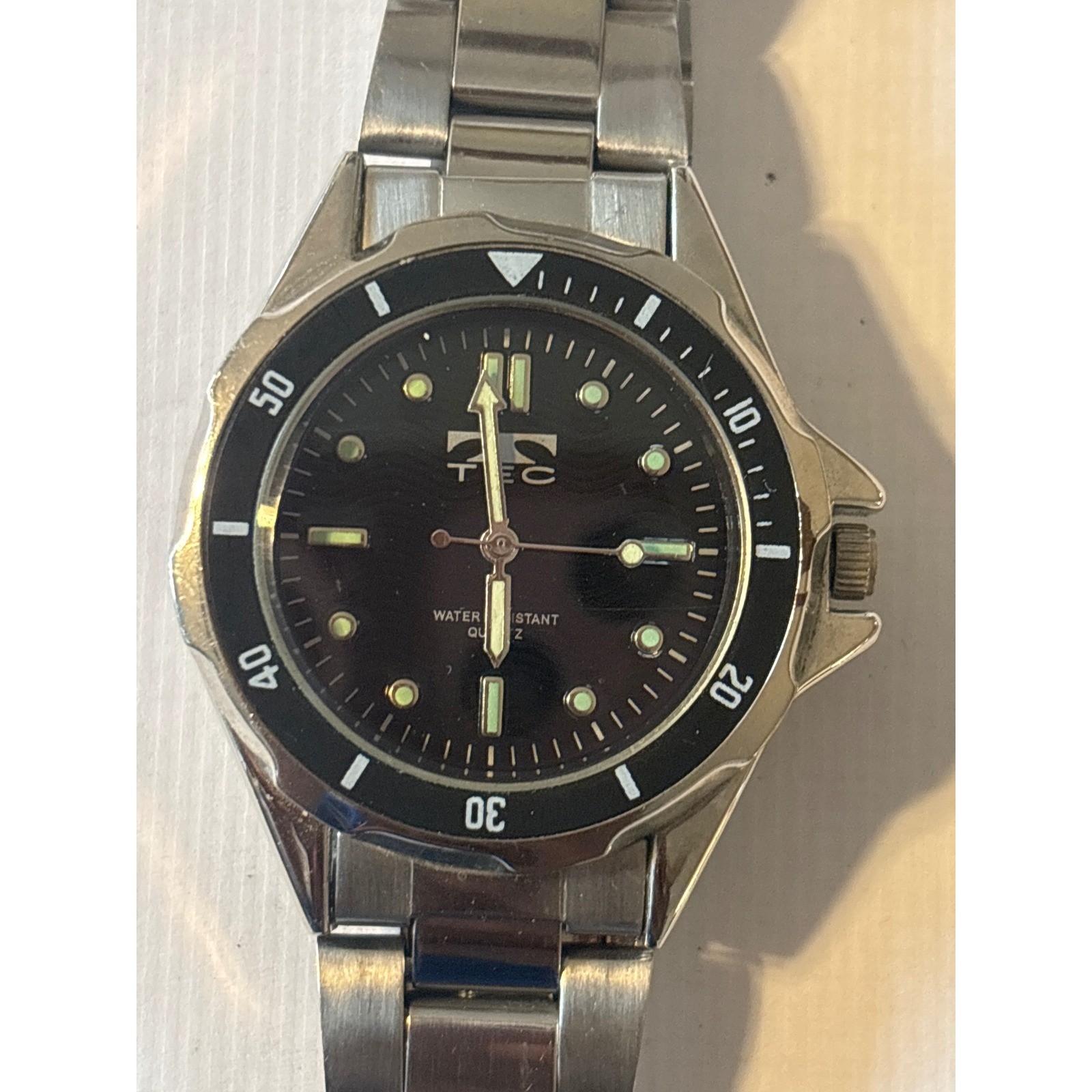 TEC Quartz Diver Style Watch Men Silver Black Water Resistant Stainless Steel