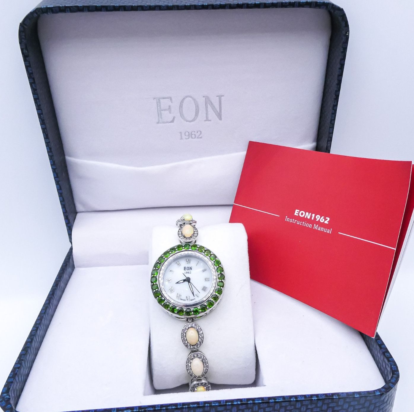 Sterling Silver Opal Halo Chrome Diopside Zircon Eon New Tennis Bracelet Watch