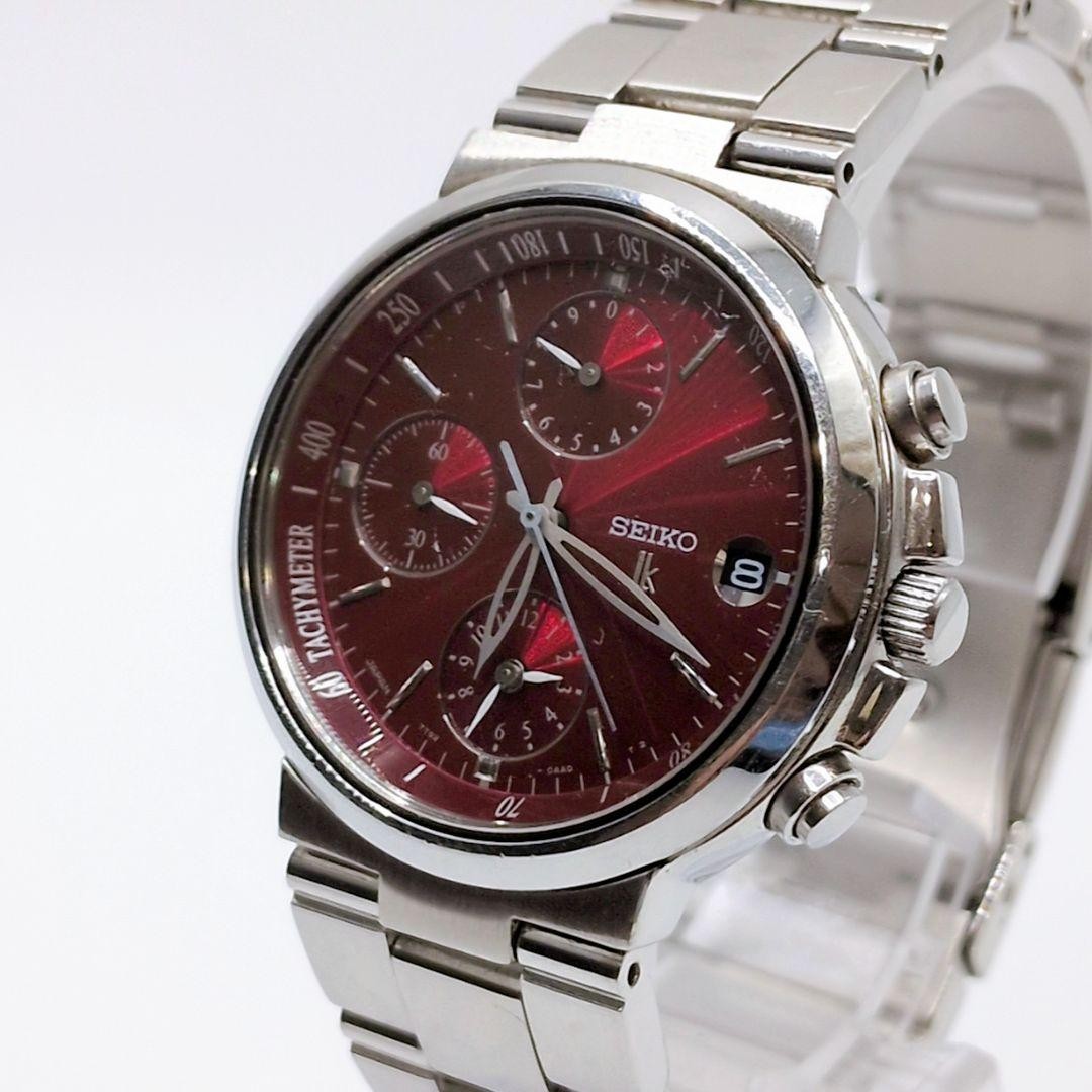 SEIKO 7T92 Quartz Chronograph Silver Red Dial Tachymeter Unisex Used Japan