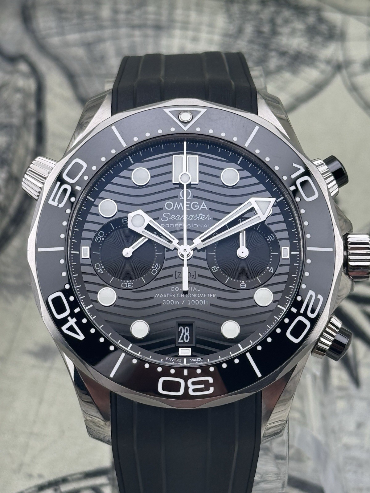 Omega Seamaster Diver 300 Chronograph Black 44 Wave Dial Steel Rubber CO-AXIAL