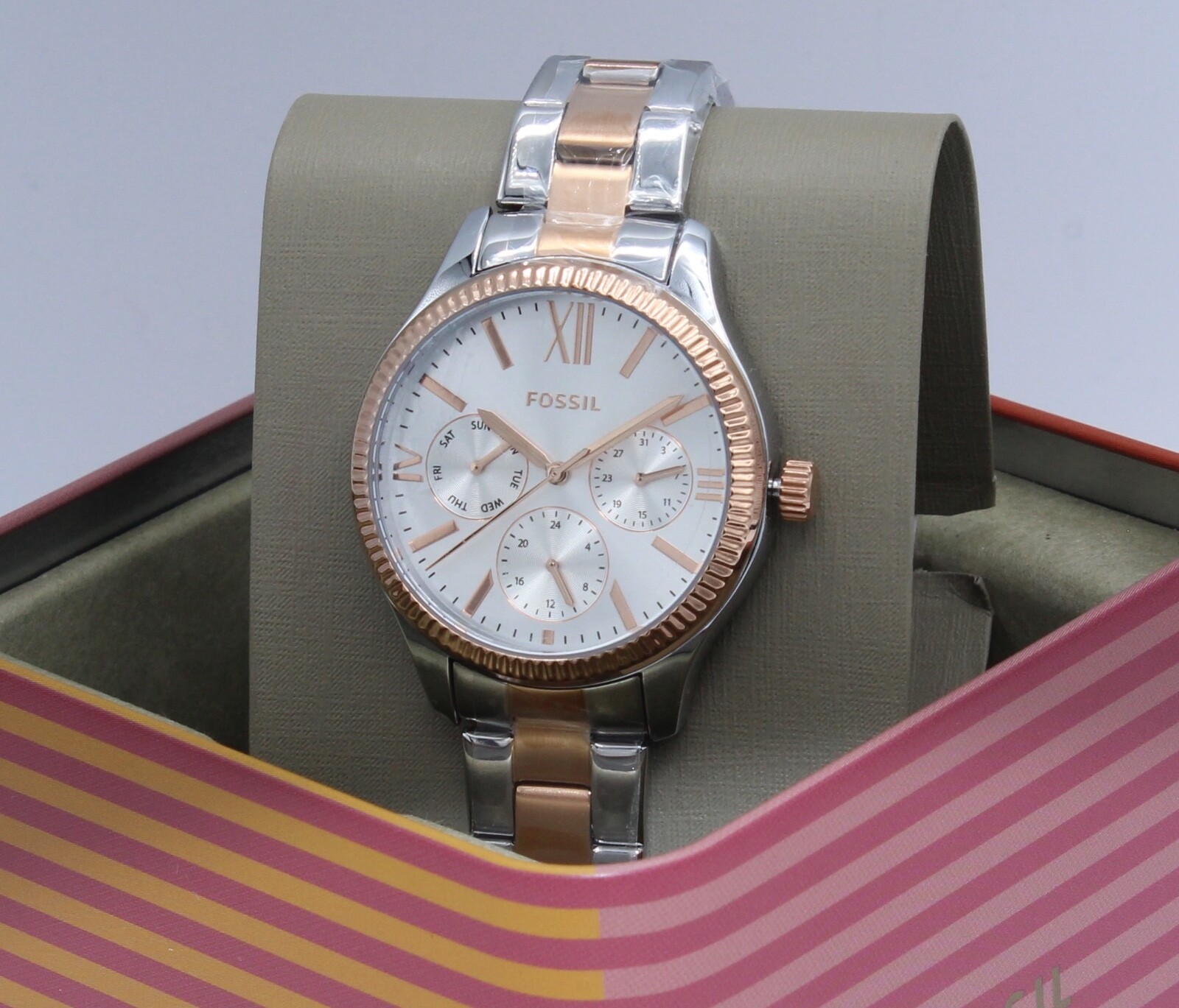 NEW AUTHENTIC FOSSIL RYE MULTIFUNCTION SILVER ROSE GOLD WOMEN’S BQ3761 WATCH