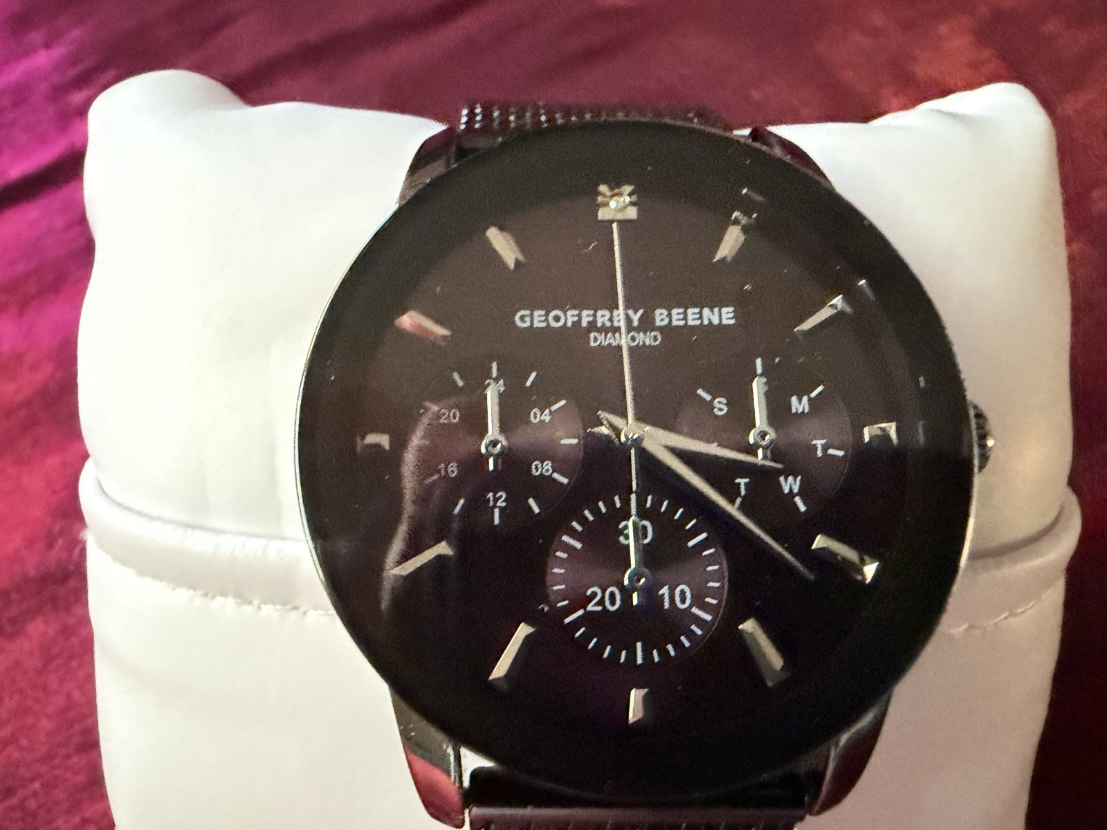 Geoffrey Beene Metalized Black Bezel Diamond Accent Mesh Watch SR626SW NEW