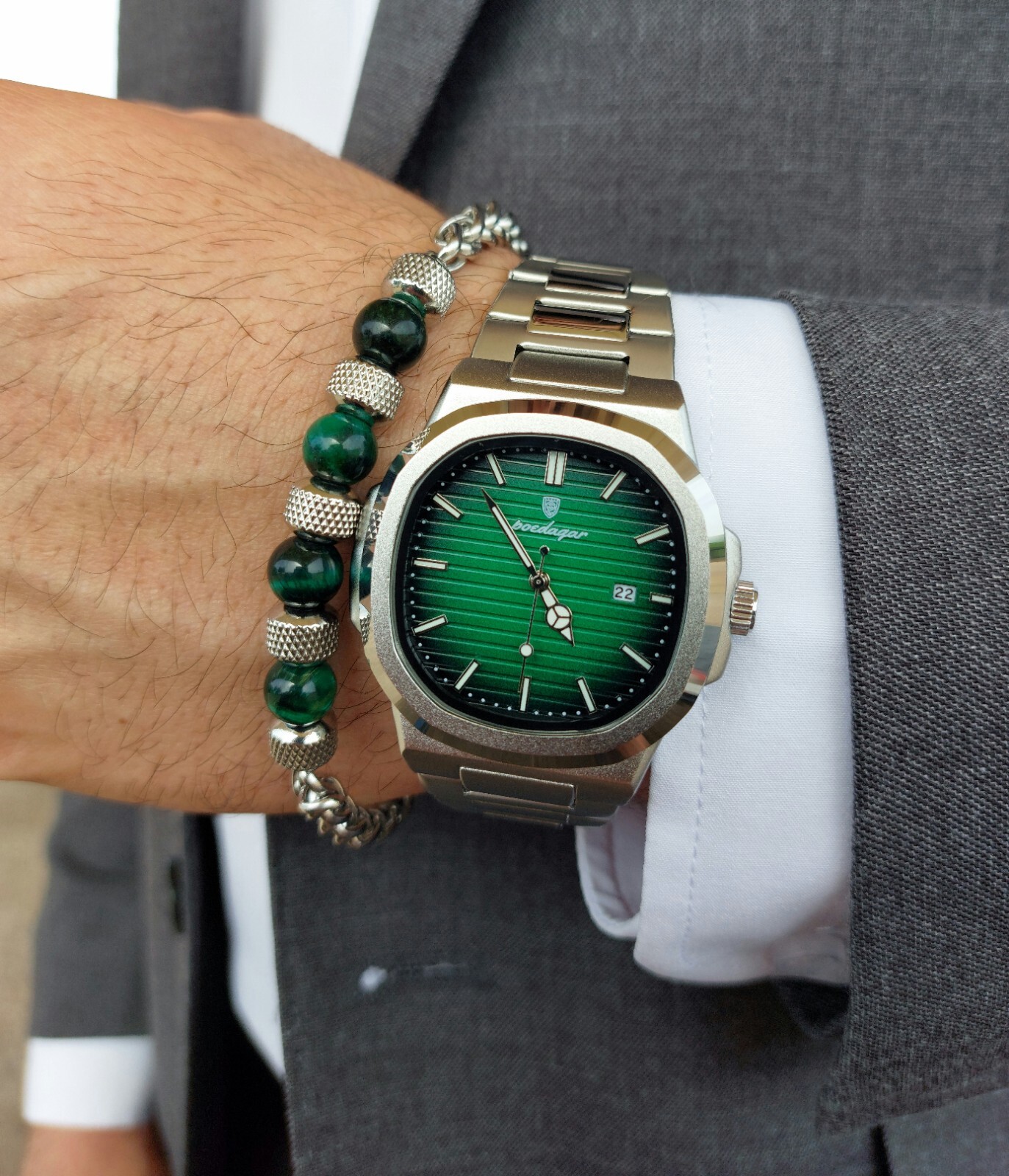 Men’s Watch + Matching Bracelet Silver and Green