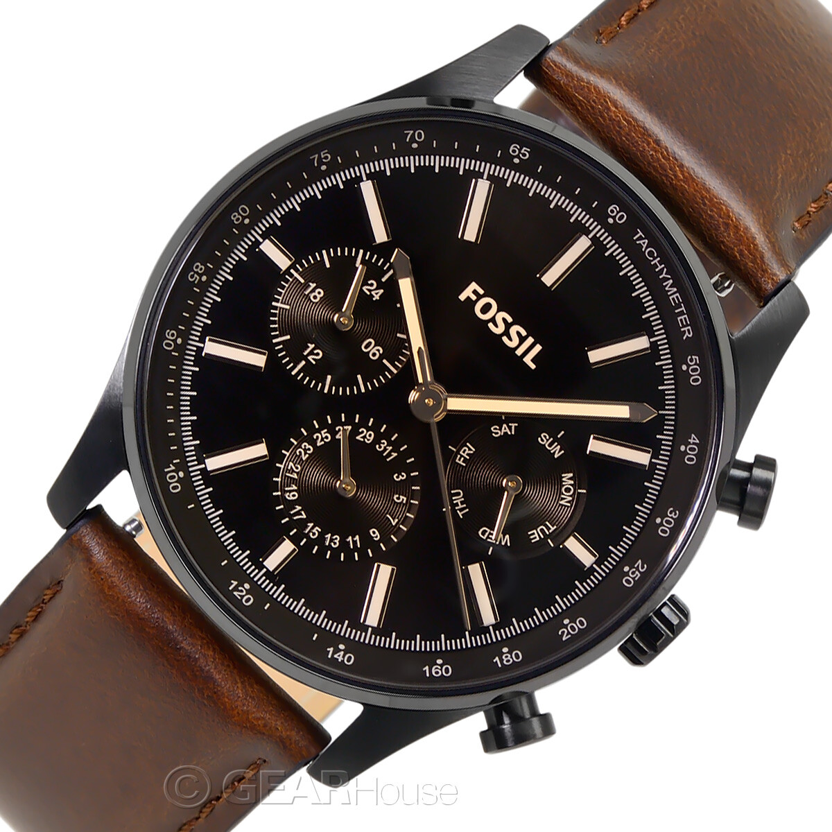 FOSSIL Sullivan Mens Multifunction Watch, Black Dial Day Date Brown Leather Band