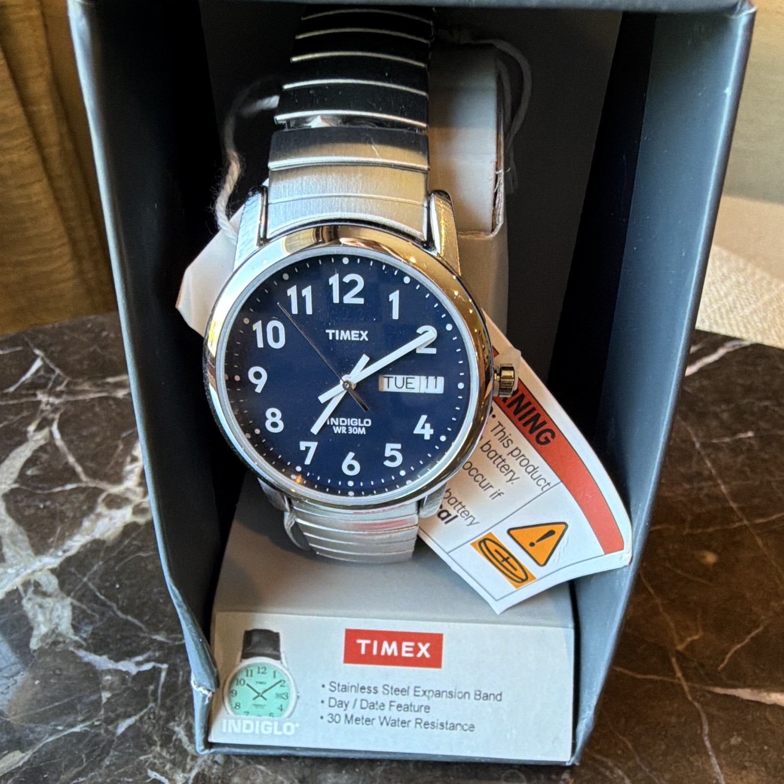Men’s Timex Indiglo Easy Reader Stretch Band Silver With Blue Face
