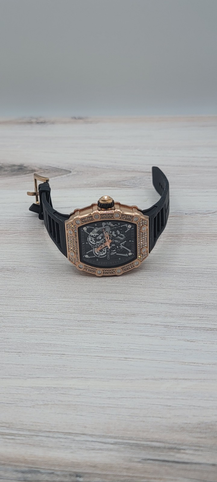 ONOLA Automatic Mechanical Skeleton Watch Rose Gold Black Diamond Style New With