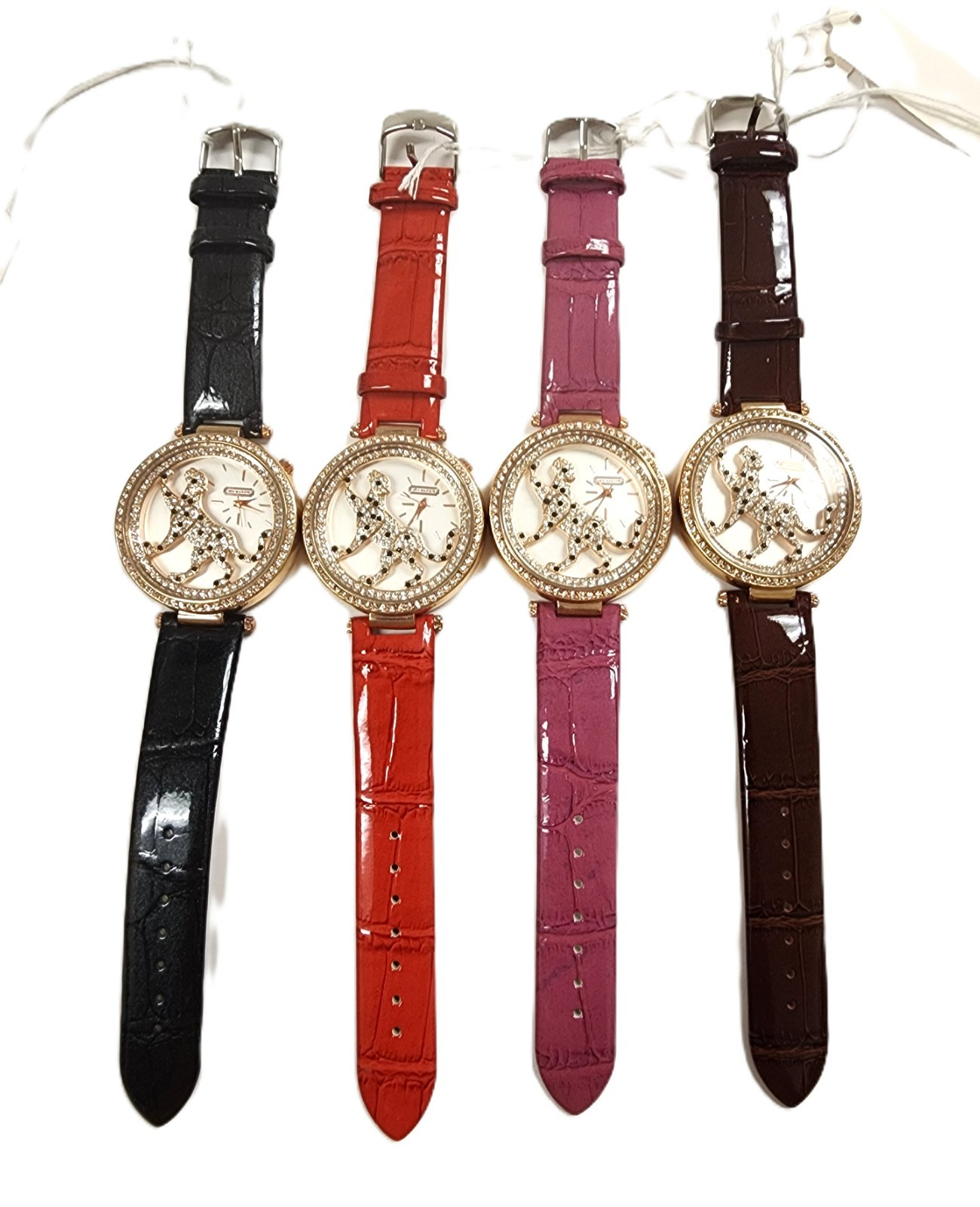 GENEVA ROSE, GOLD CHEETAH,LEOPARD CRYSTAL BLACK RED PINK BROWN LEATHERETTE WATCH