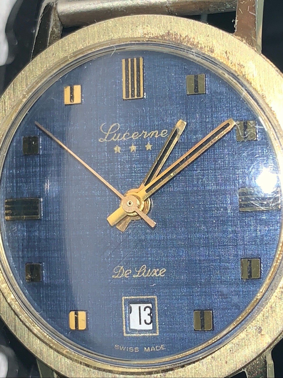 Vintage Lucerne De Luxe Swiss Watch Blue Dial Date Markers Mens Mechanical Runs