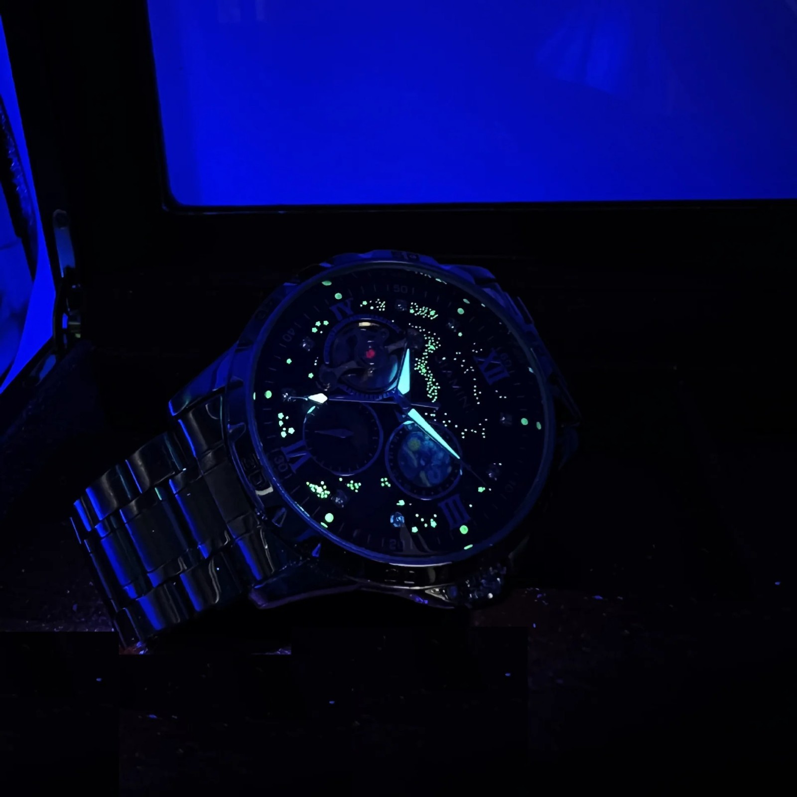 AOKULASIC Tourbillon Skeleton Mechanical Watches Starry Sky Moon Phase Dial Stee