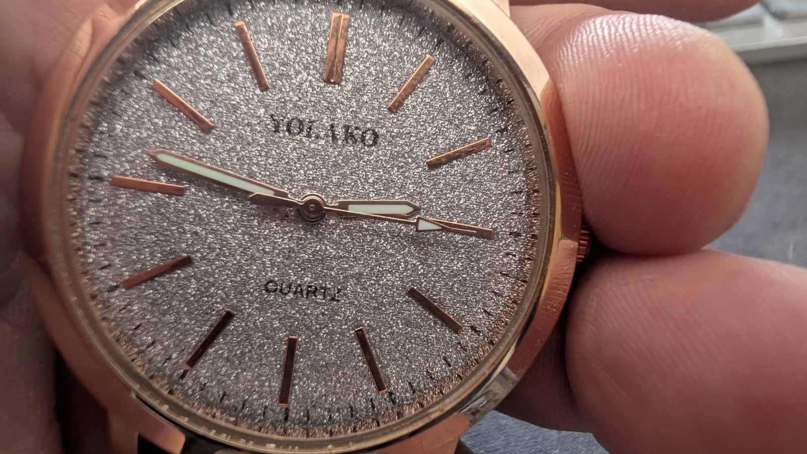 YOLAKO Quartz Watch Silver Glitter Dial Rose Gold Tone Gray Strap Womens
