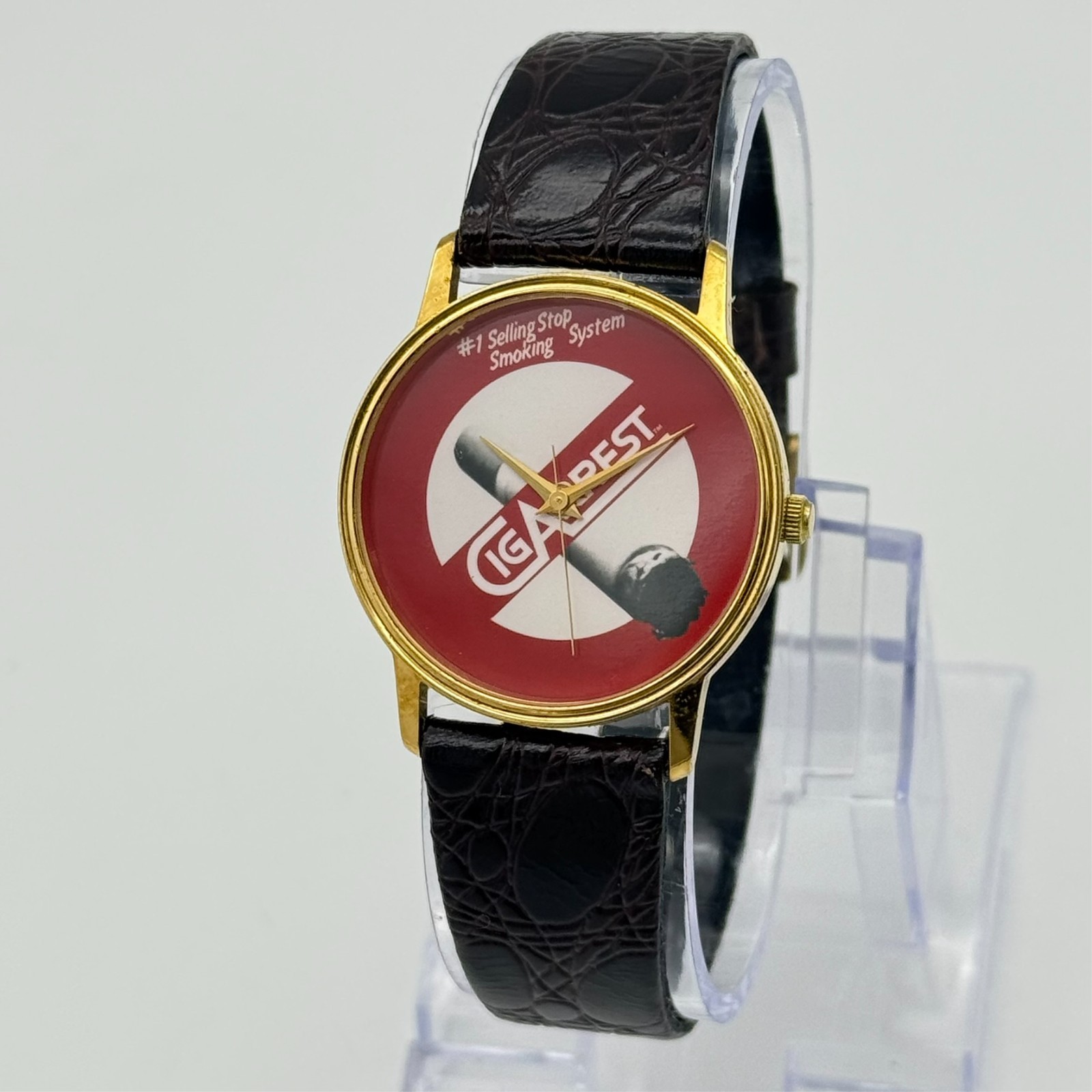 Unisex Vintage CIGARREST Advertising Logo Gold Tone 32mm Quartz Watch, Leather