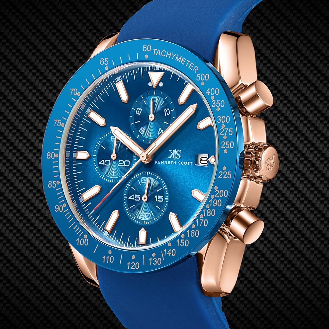 Kenneth Scott Men’s Chrono & Multi Function Watch | Dark Blue Dial, Rose Gold