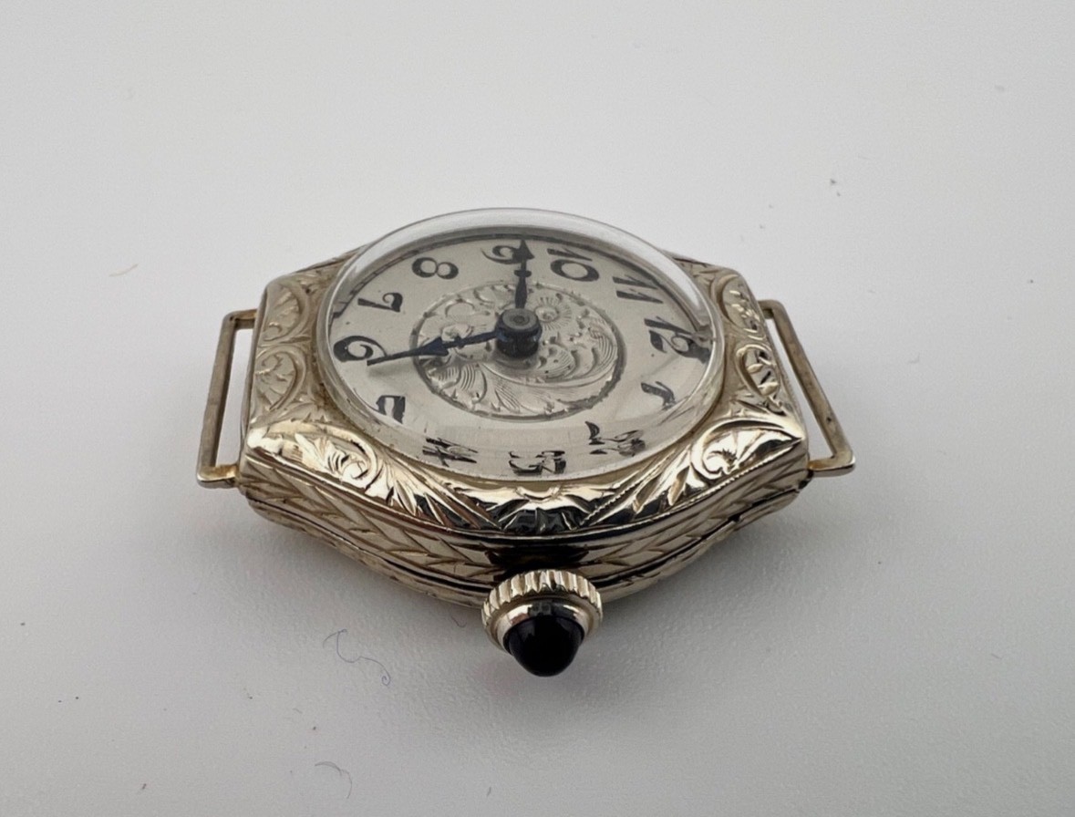 14K Gold Art Deco Ladies Watch w/Art Nouveau Designs, EXELLO Watch Co, Runs!