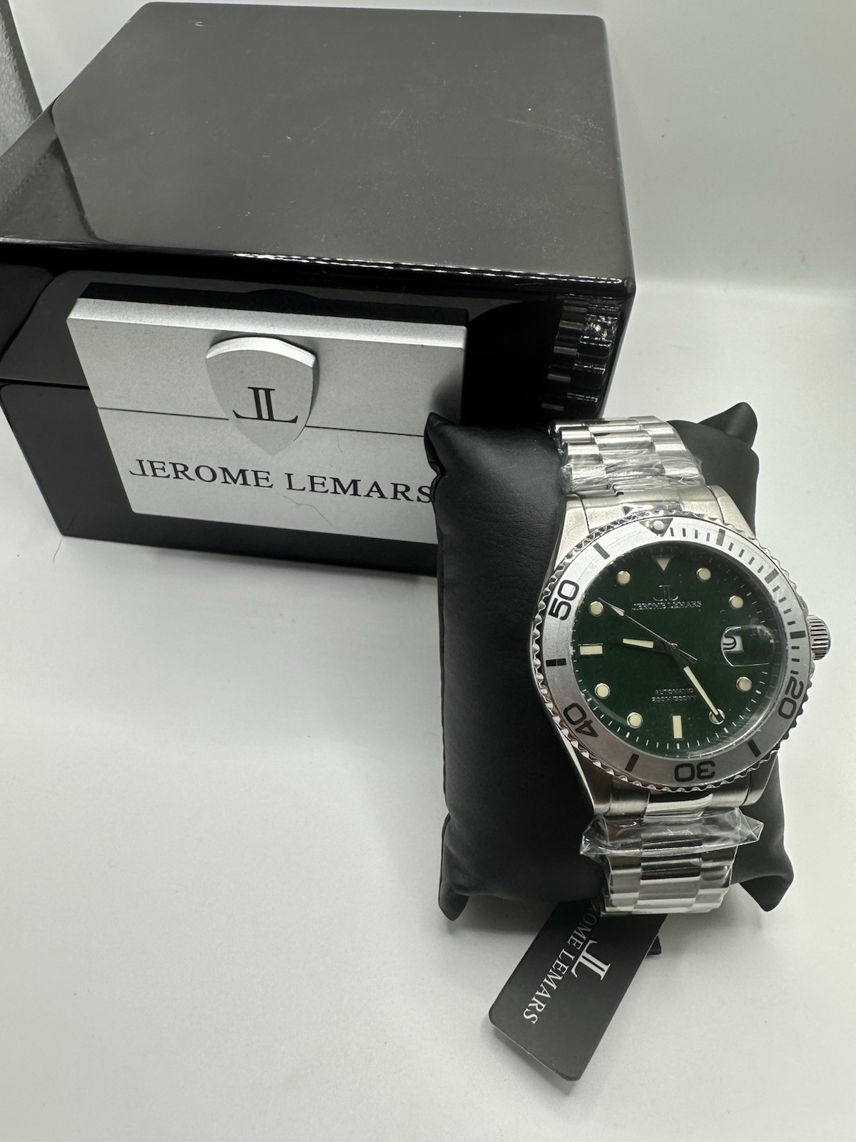 Jerome Lemars Rodin Silver Bezel Green Dial 44 mm Automatic Diver w SS Bracelet