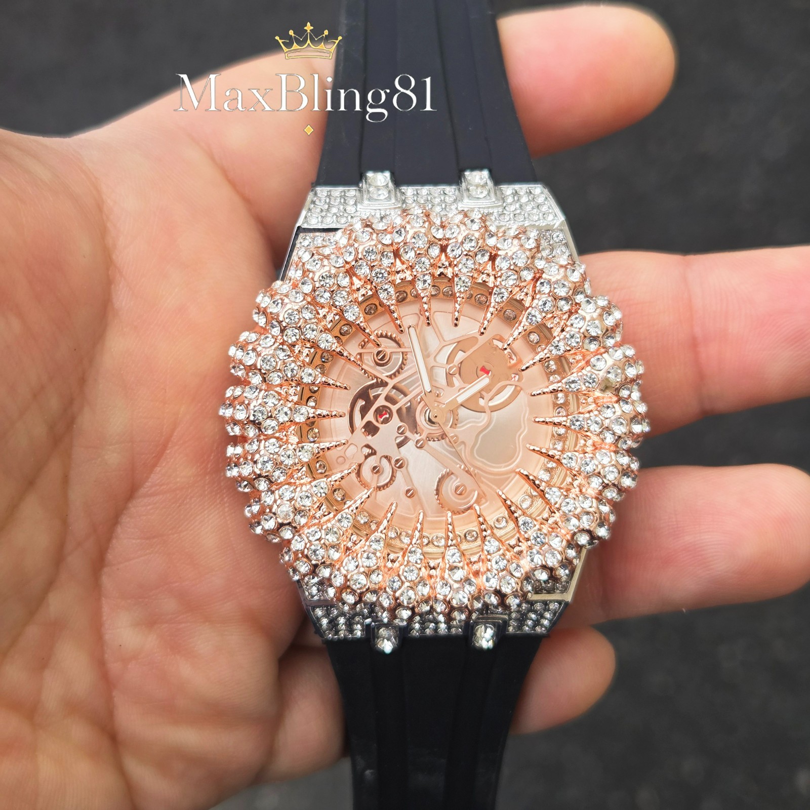 Men’s Rose Gold / Silver Watch Monster Teeth Iced CZ Silicone Band Silicone Band