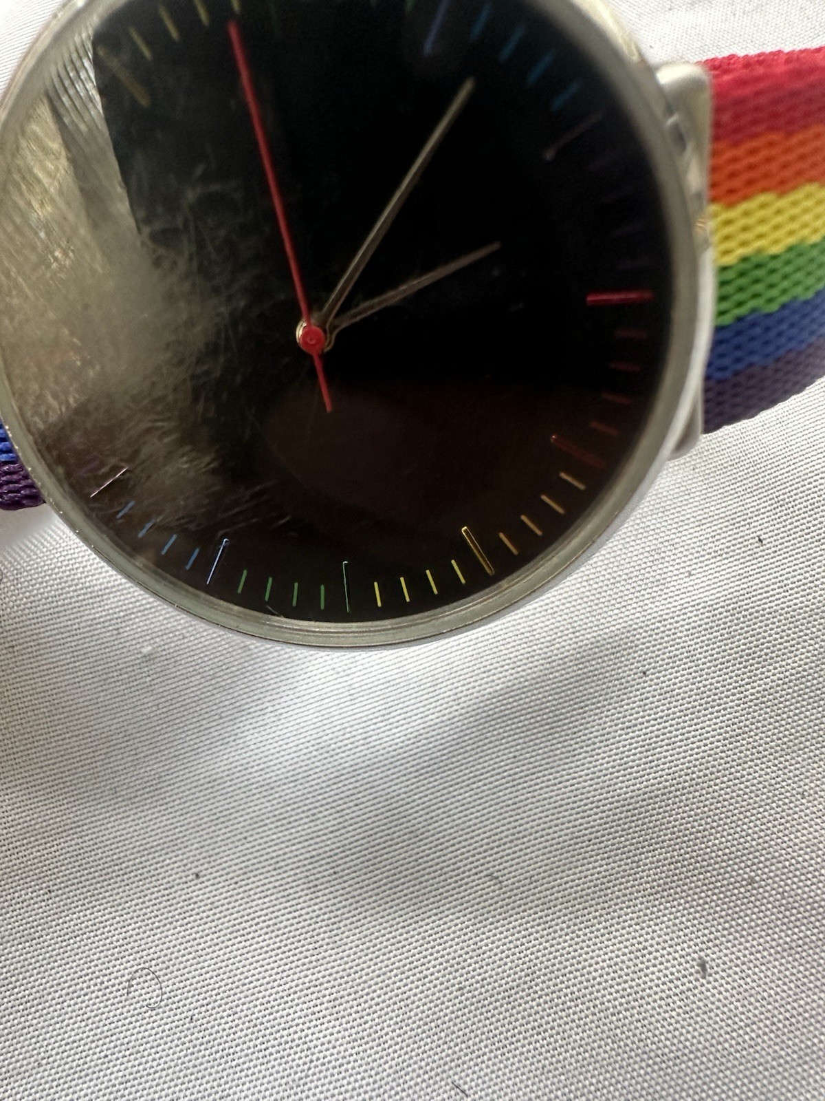 Pride LGBTQ Plus Rainbow Quartz Analog Watch Black Dial Silver Case Nylon Strap