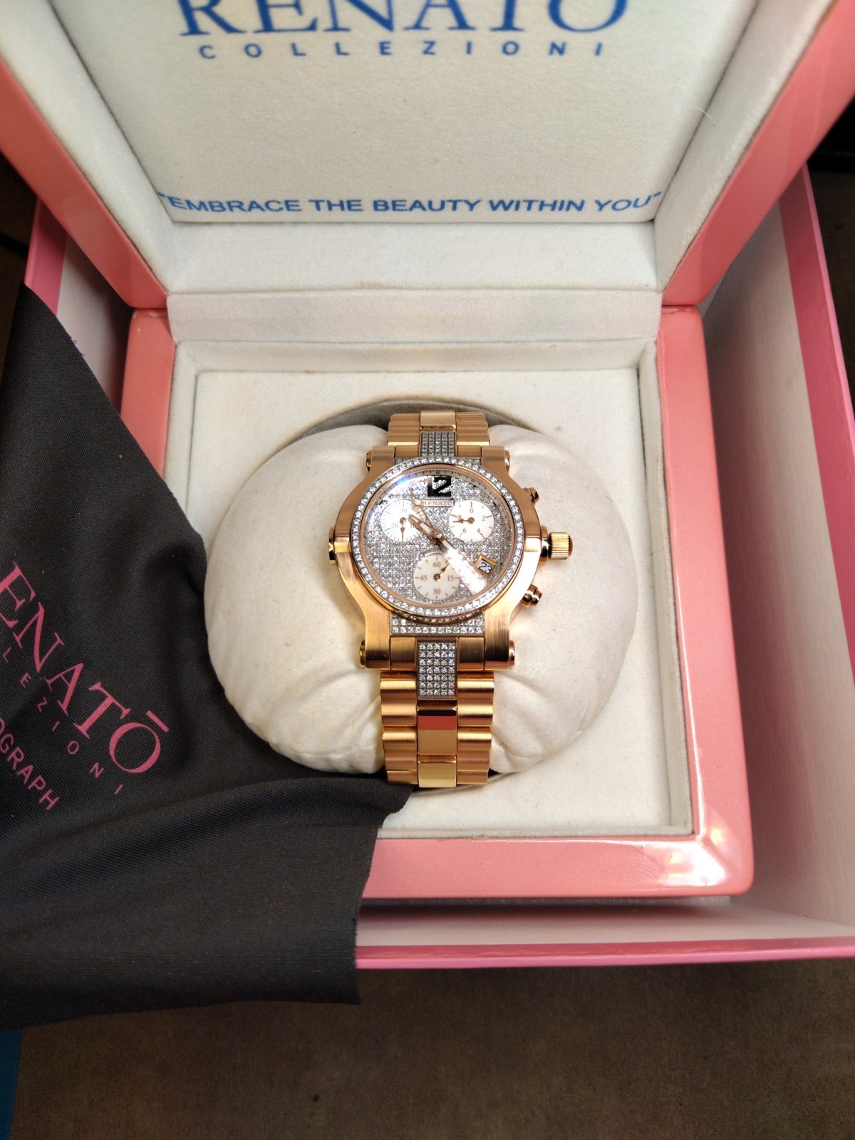 Renato Beauty Chronograph Pave Diamond Bracelet Ladies Rose Gold Watch B2863