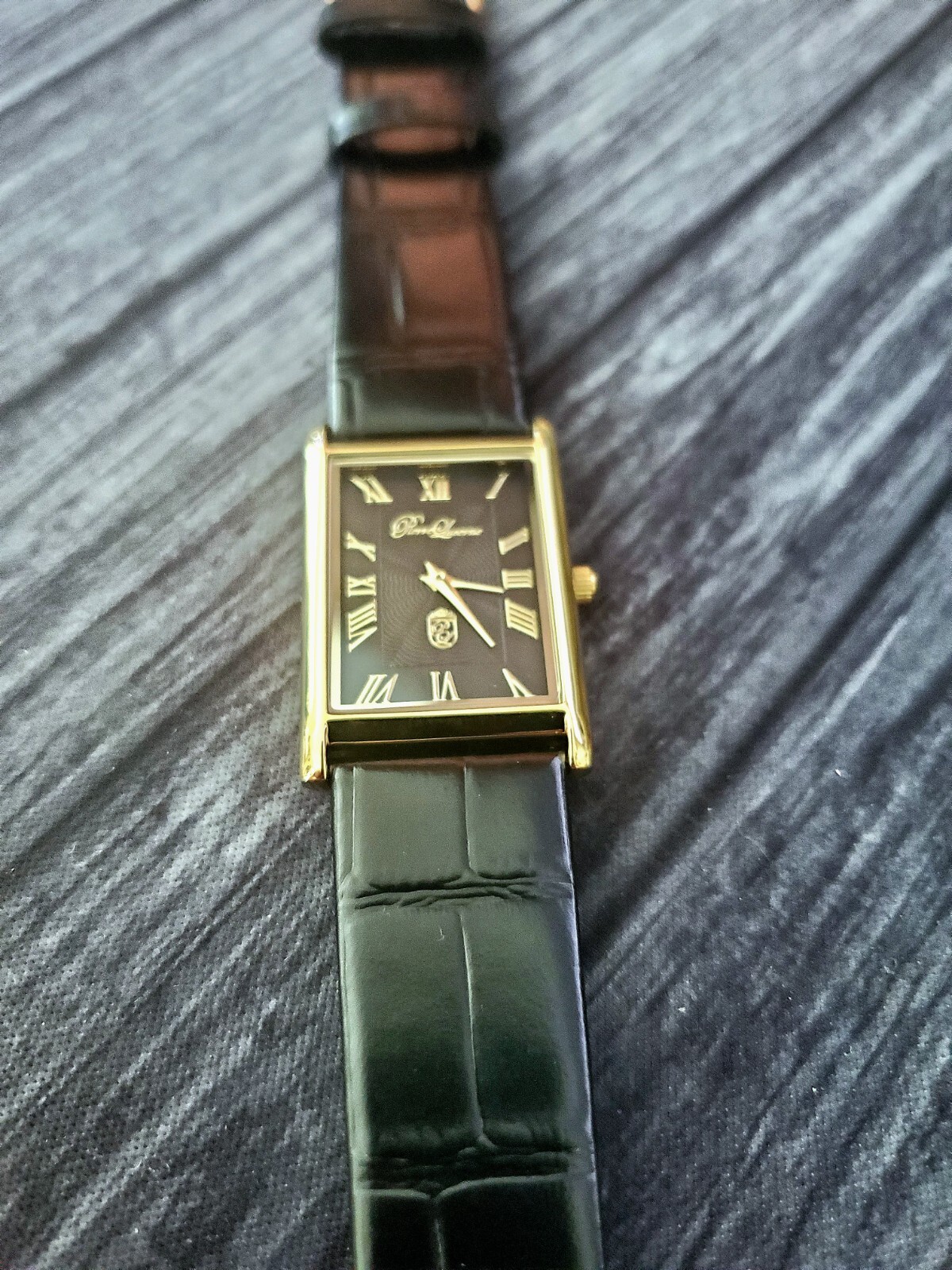 Authentic Pierre Lucerne Slim Quartz Mens BLK Tank Dress Watch