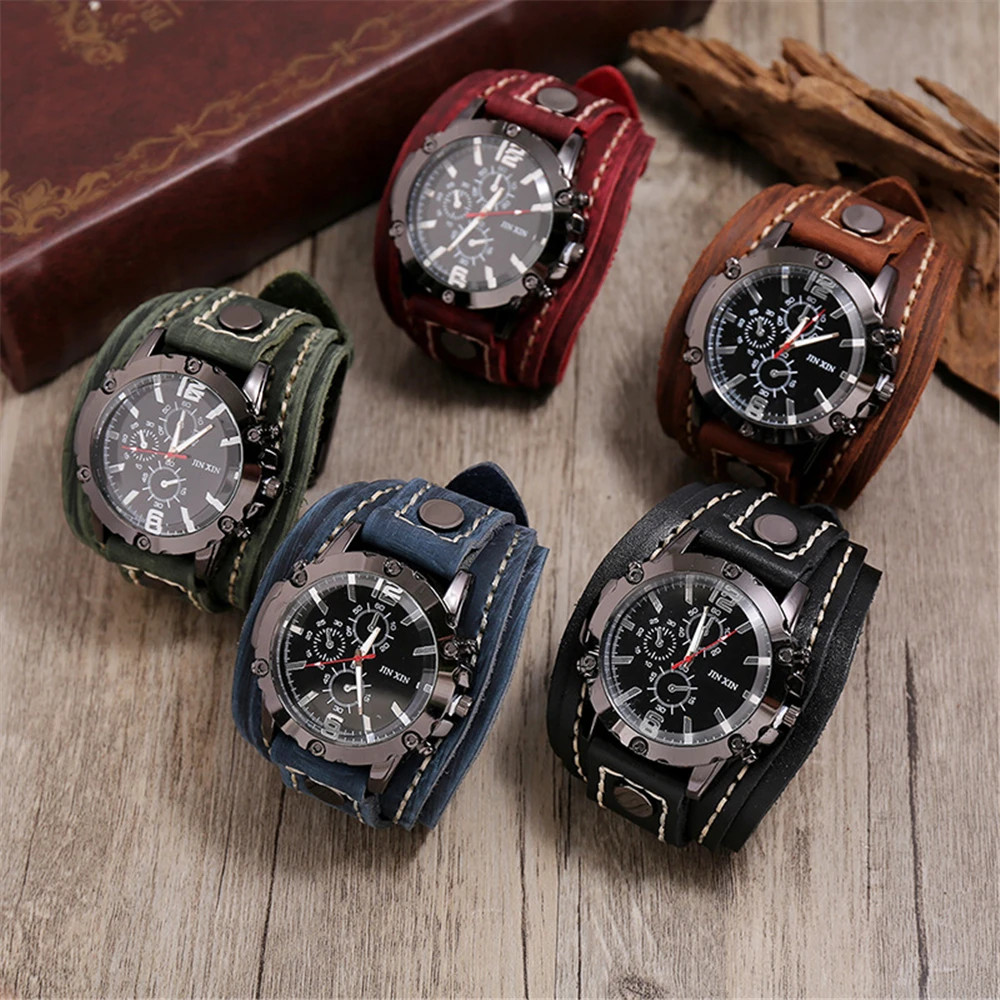 Black Brown Blue Men Pointer Quartz Watch Genuine Leather Strap Bracelet Vintage