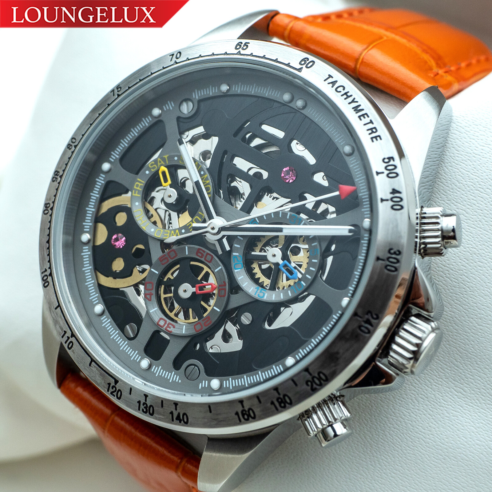 Mens Automatic Mechanical Watch Date Day Watch Silver Black Orange Leather