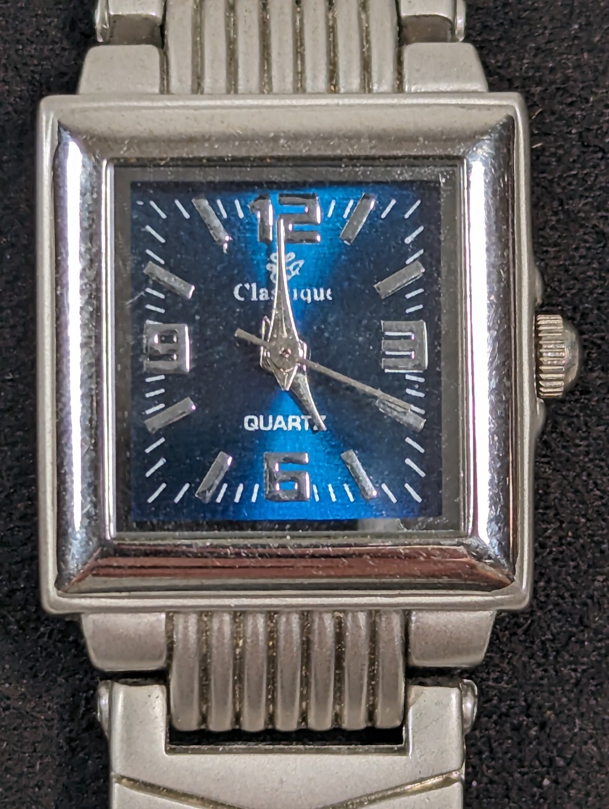 Womans Classique Blue Dial Rectangle Silver Tone Case Stainless Band Watch 7.5in