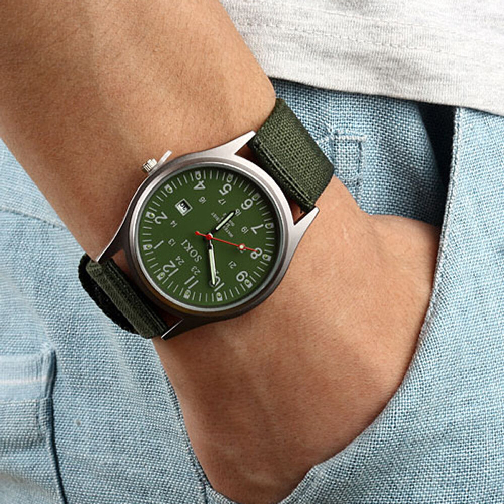 2x Men’s Army Luminous 24-Hour Dial Nylon Strap Date Quartz Watch green and bule