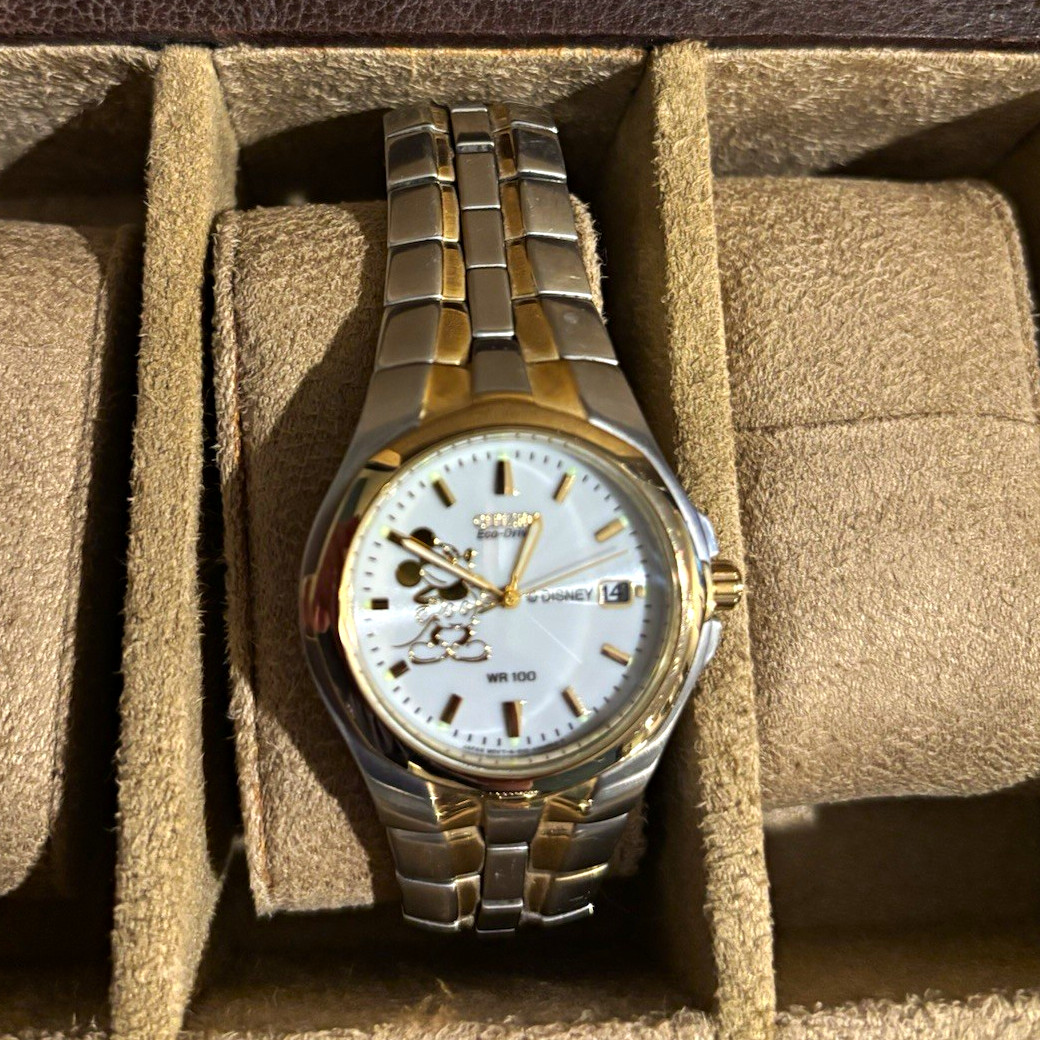 Citizen Eco-Drive Disney Two-Tone Bracelet Watch White Dial Date WR100