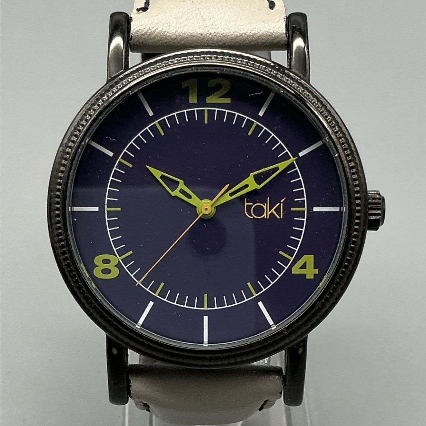 Taki Mens Watch 43mm Blue Green Dial Black Beige Leather Band New Battery