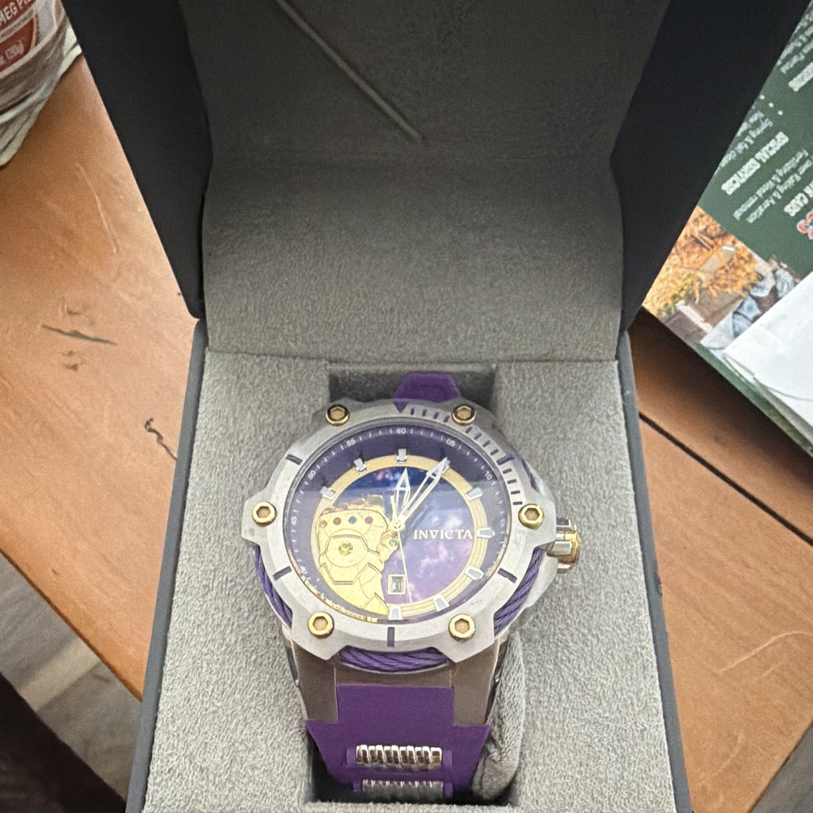 Invicta Marvel Thanos Men’s Quartz Watch Purple/Gold Dial Purple Strap Date Box