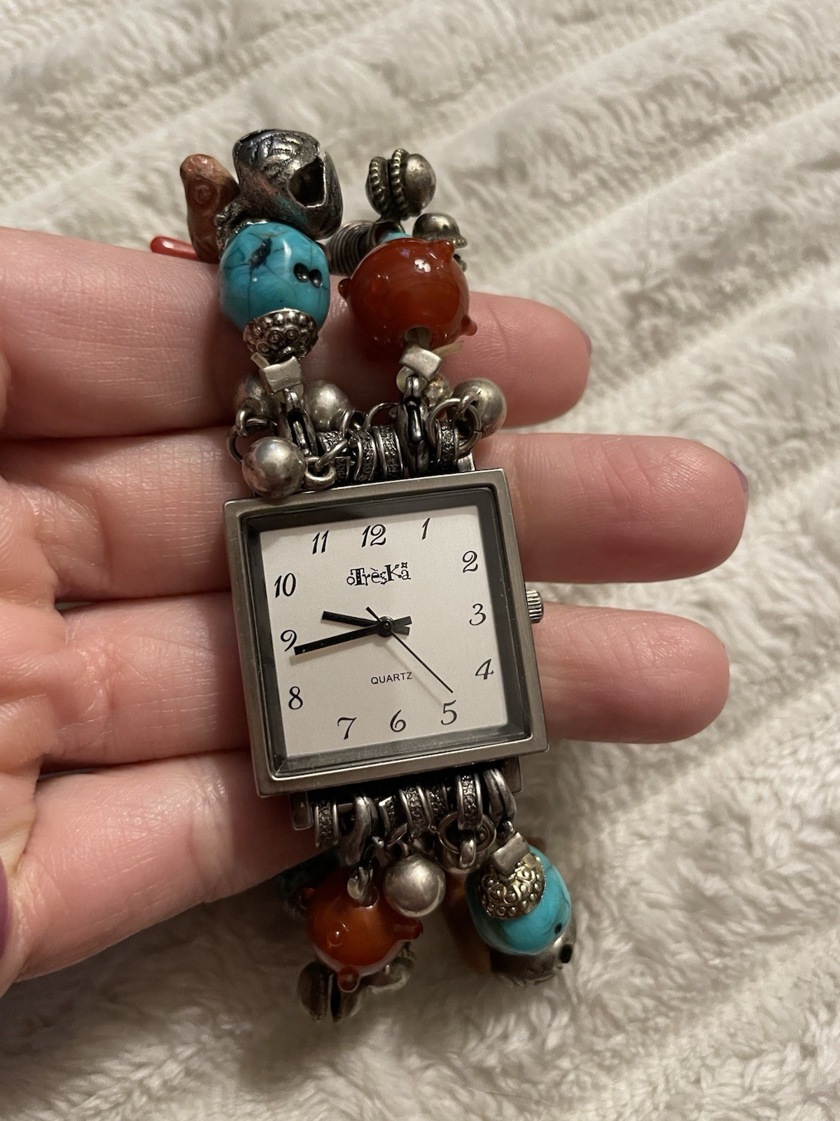 Vintage Treska Boho Charm Watch Turquoise Carnelian Southwestern Silver Tone