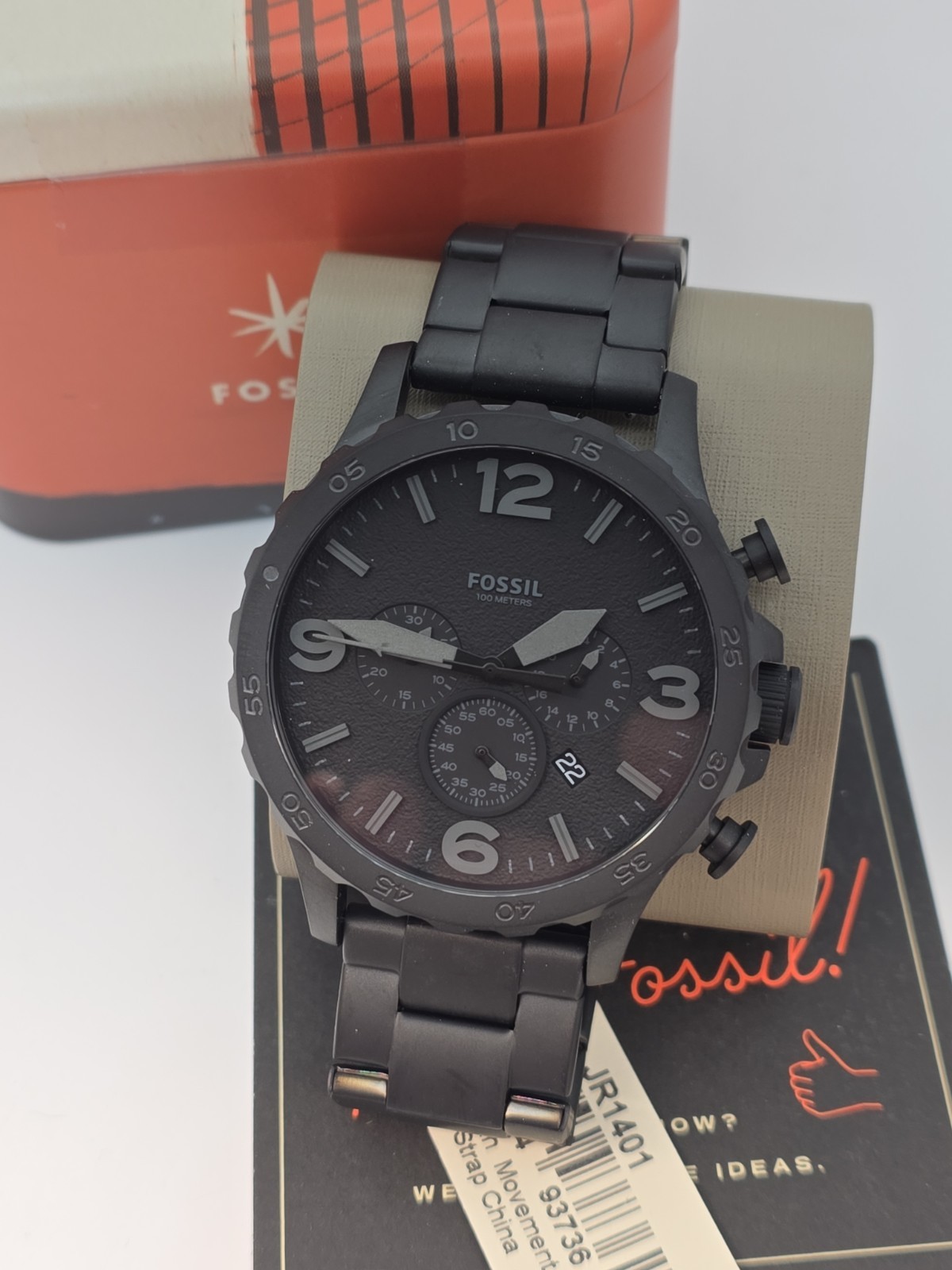 Fossil JR1401 Matte Black Stainless Chronograph Watch 10ATM 24mm Working Sleek