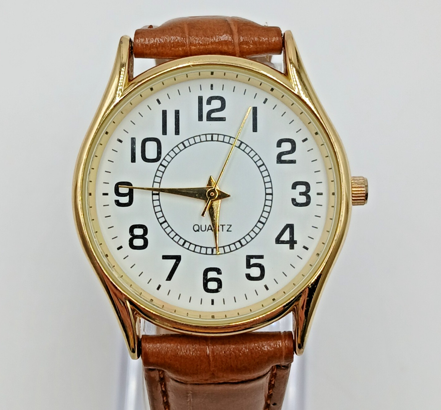 Quartz Watch Unisex Gold Tone Brown Faux Croc Skin upto 8.5in Seconds Hand Japan