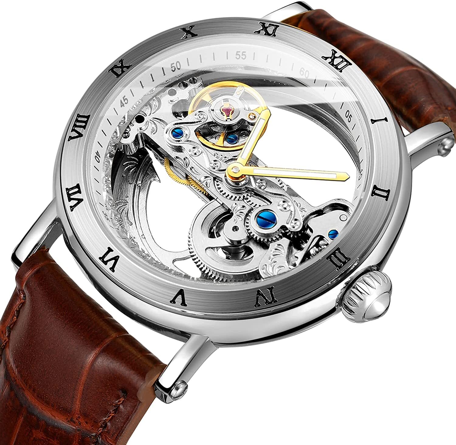 Men’s Unique Design Automatic Self Wind Genuine Leather Strap Skeleton Watch New