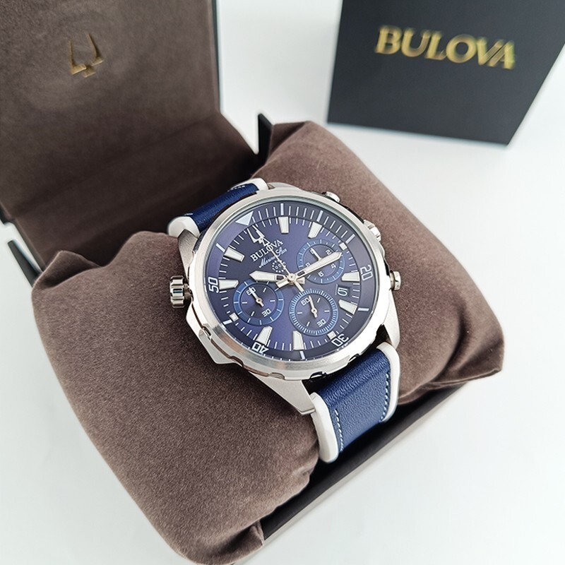 Bulova 96B287 Marine Star Blue Men’s Quartz Chronograph Watch 43mm Leather Strap