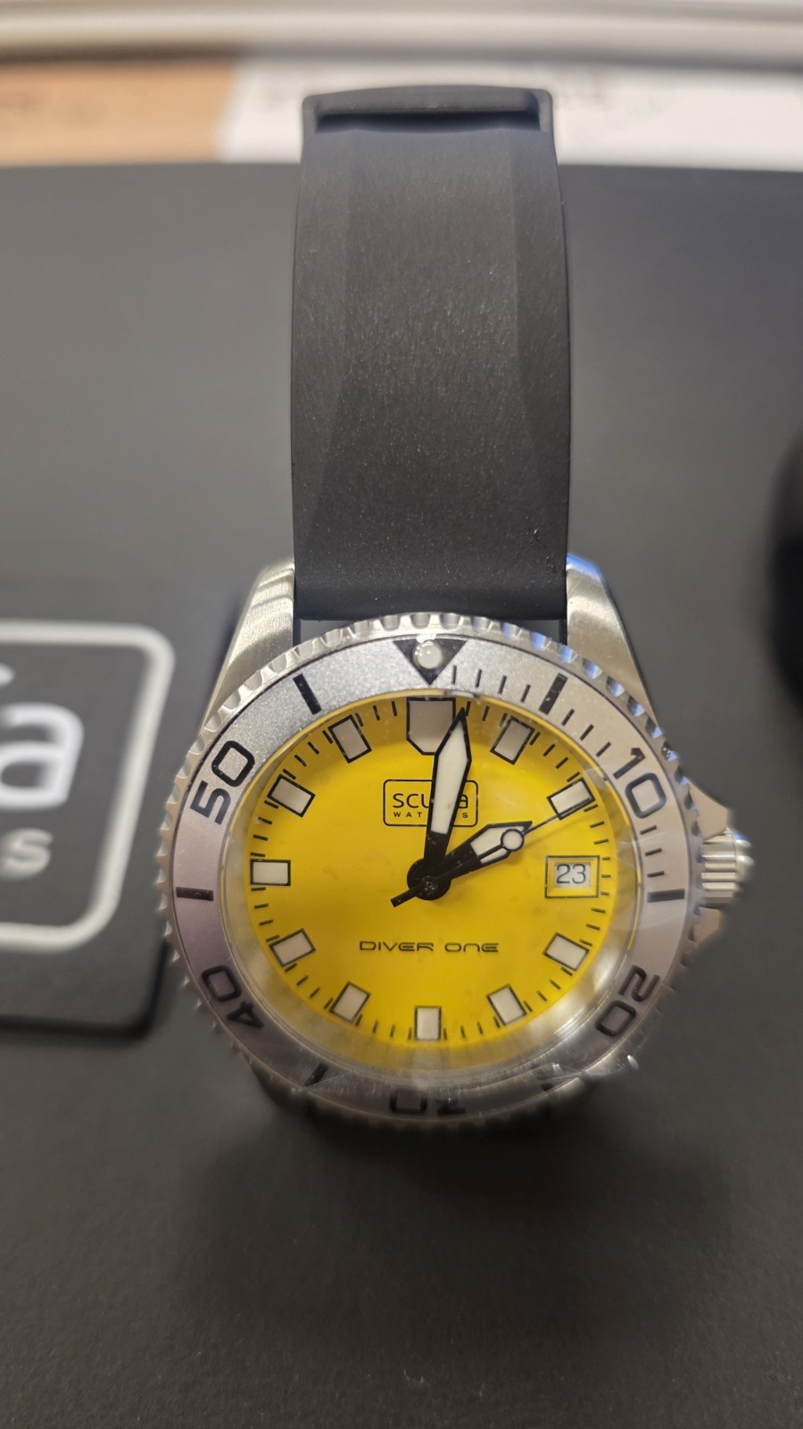 Scurfa Diver One Yellow Dial Quartz 500m Date Black Rubber Strap Watch
