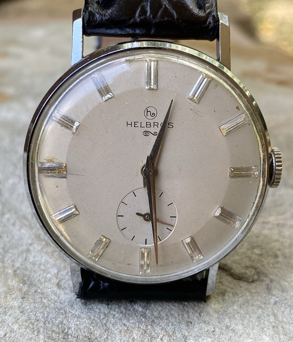 Vintage Helbros Mens Watch Sub Second Hand Off White Dial Runs 1960s