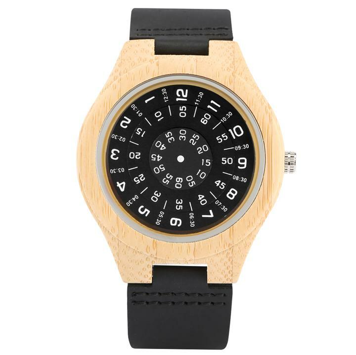 Modern Men Watch Nature Wooden Quartz Wristwatch Bamboo Case Leather Strap Gift