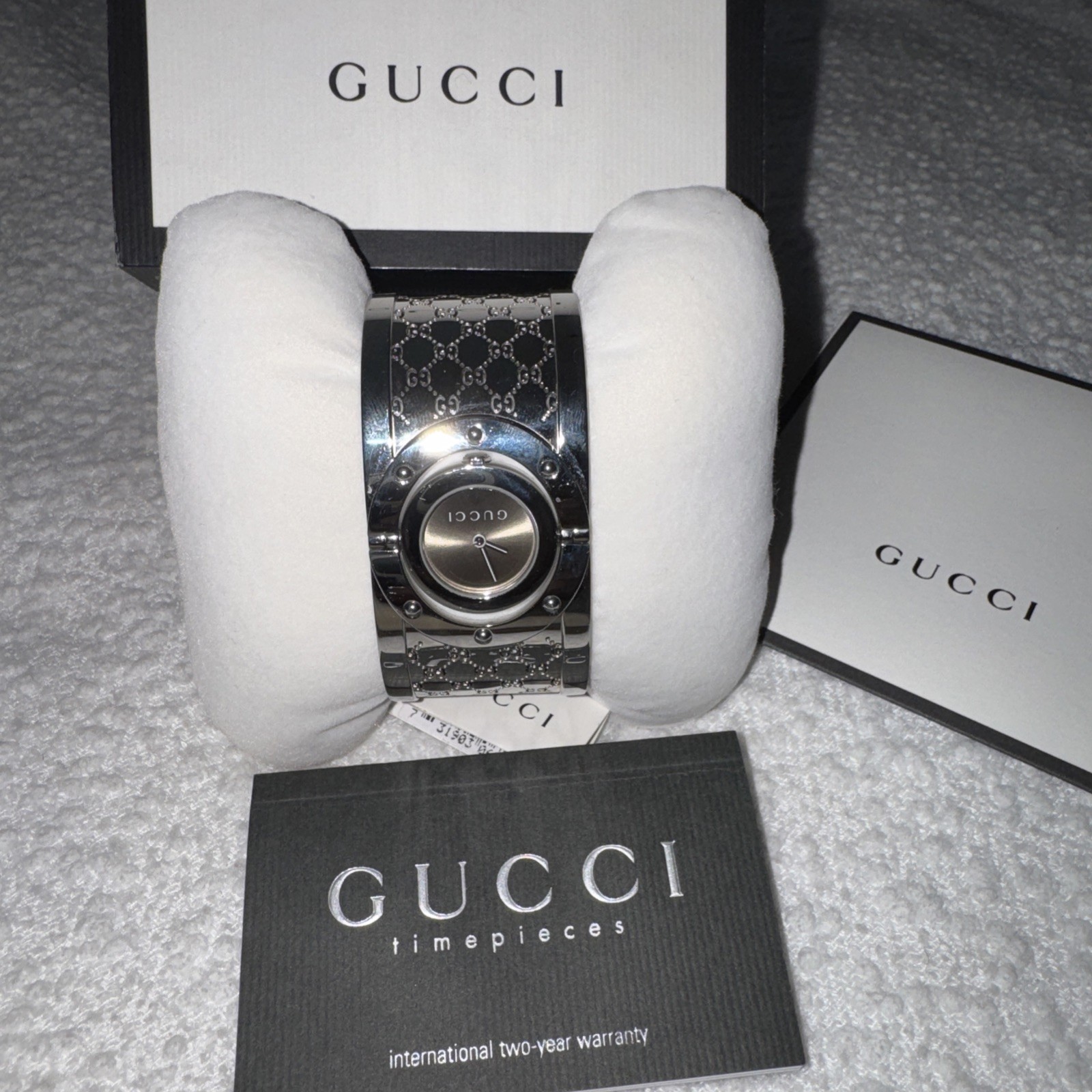 Gucci Twirl GG Brown Dial Silver Bangle Watch YA112401