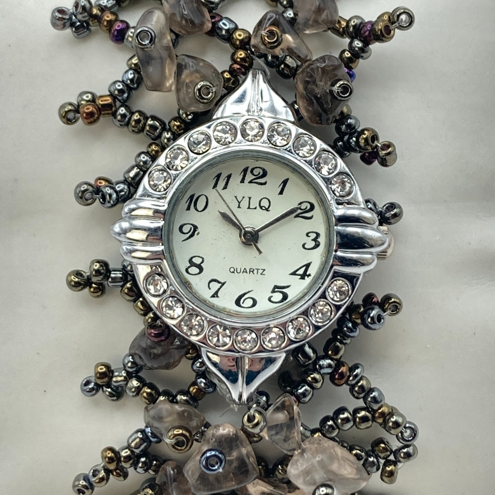 Artisan Womens Watch Beaded Gemstone Silver Tone Crystals New Battery 7.25″