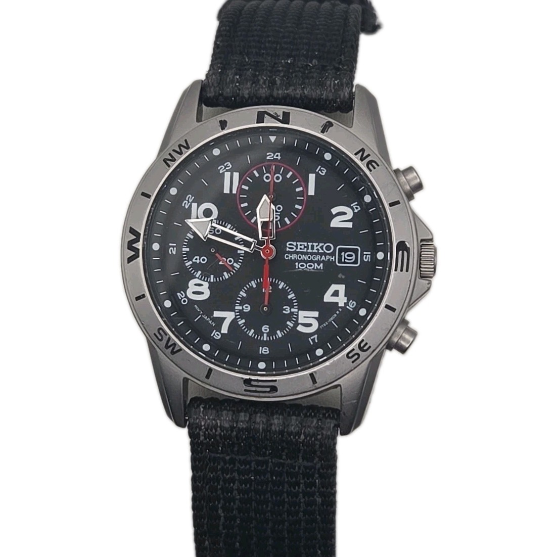 Seiko 7T92-0DX0 38mm All SS WR Black Dial Chrono Japan Quartz Watch Woven Band