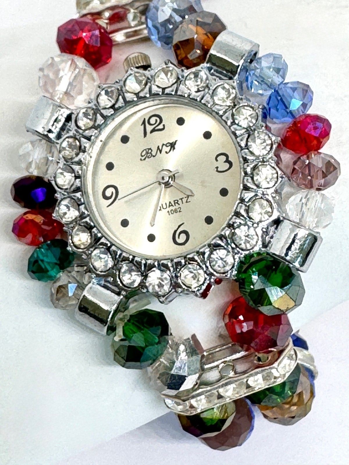 Silver & Assorted Crystal Ladies Watch Silver Face Bracelet #1174